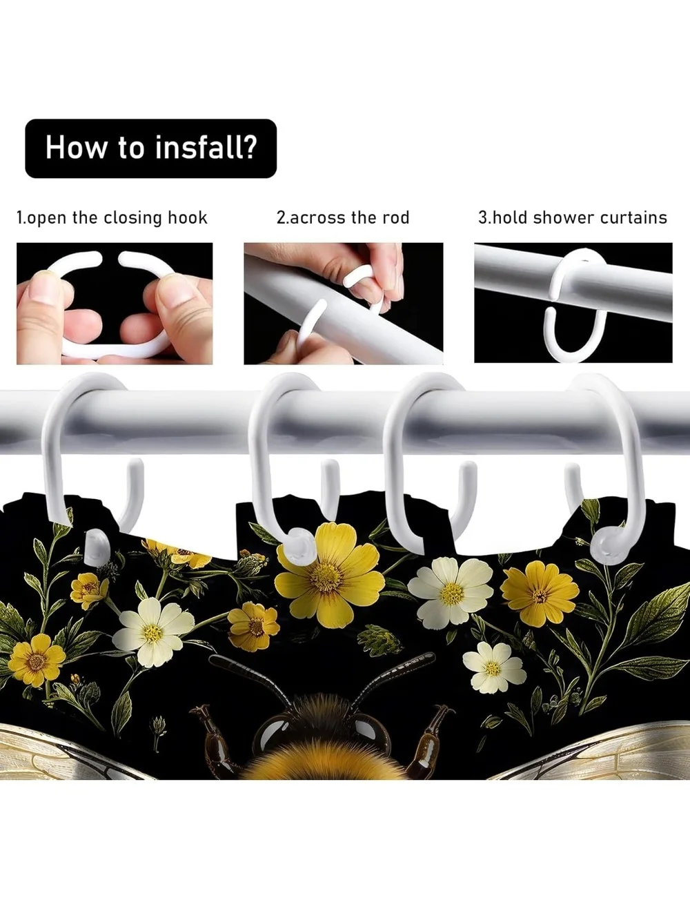 Bee Floral Black Shower Curtain and Bath Set